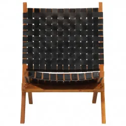 Сгъваем релаксиращ стол, черен, естествена кожа