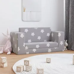 Детско диванче-легло 2-местно светлосиво на звездички мек плюш