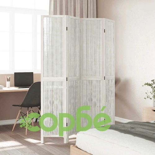 Разделител за стая, 4 панела, бял, дърво пауловния масив ➤ топ цена ➤ sorbe.bg