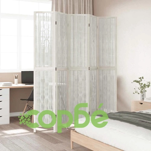 Разделител за стая, 5 панела, бял, дърво пауловния масив ➤ топ цена ➤ sorbe.bg