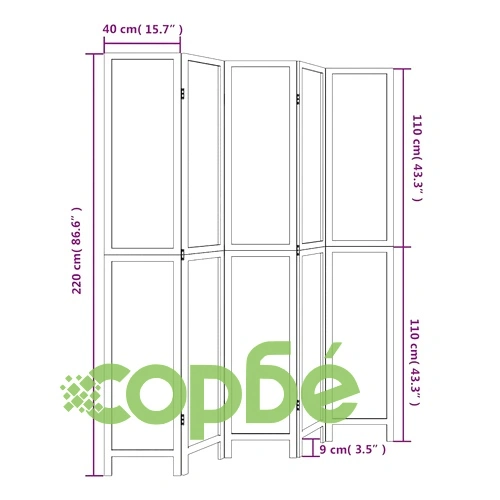 Разделител за стая, 5 панела, бял, дърво пауловния масив ➤ топ цена ➤ sorbe.bg