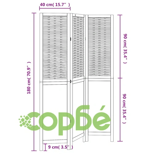 Разделител за стая, 3 панела, тъмнокафяв, дърво пауловния масив ➤ топ цена ➤ sorbe.bg