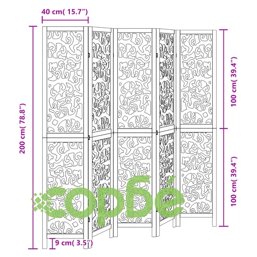 Разделител за стая, 5 панела, черен, дърво пауловния масив ➤ топ цена ➤ sorbe.bg
