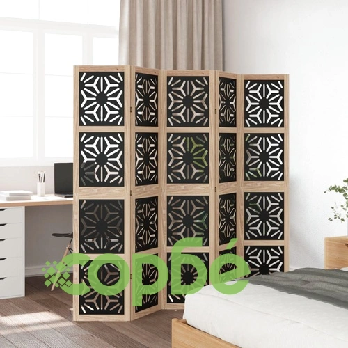 Разделител за стая 5 панела кафяво-черно дърво пауловния масив ➤ топ цена ➤ sorbe.bg