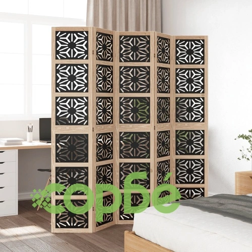 Разделител за стая 5 панела кафяво-черно дърво пауловния масив ➤ топ цена ➤ sorbe.bg