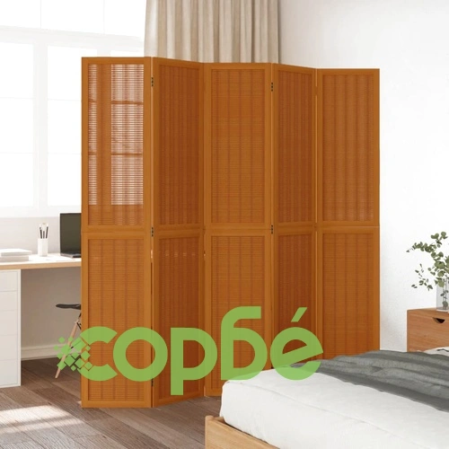 Разделител за стая, 5 панела, кафяв, дърво пауловния масив ➤ топ цена ➤ sorbe.bg