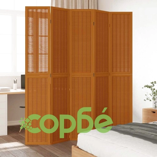 Разделител за стая, 5 панела, кафяв, дърво пауловния масив ➤ топ цена ➤ sorbe.bg