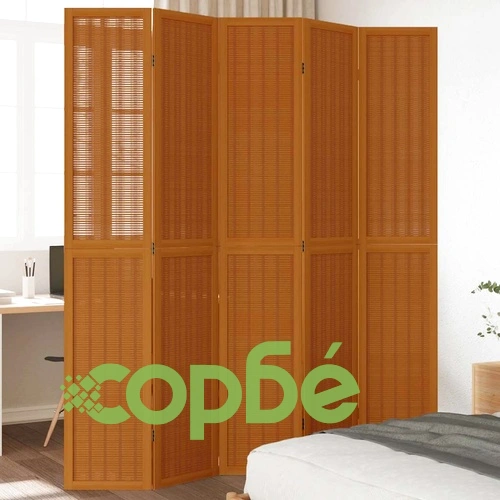 Разделител за стая, 5 панела, кафяв, дърво пауловния масив ➤ топ цена ➤ sorbe.bg