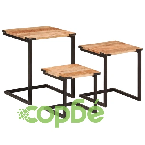 Стифиращи масички за кафе, 3 бр, мангово дърво масив и желязо ➤ топ цена ➤ sorbe.bg