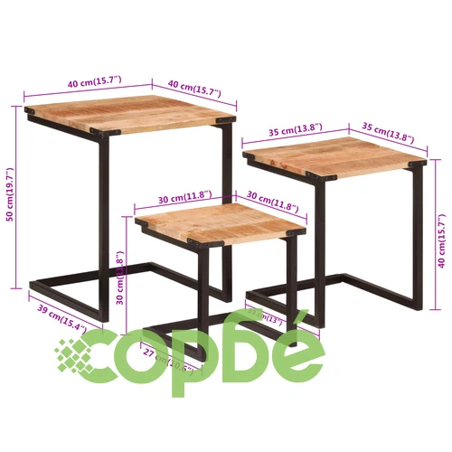 Стифиращи масички за кафе, 3 бр, мангово дърво масив и желязо ➤ топ цена ➤ sorbe.bg