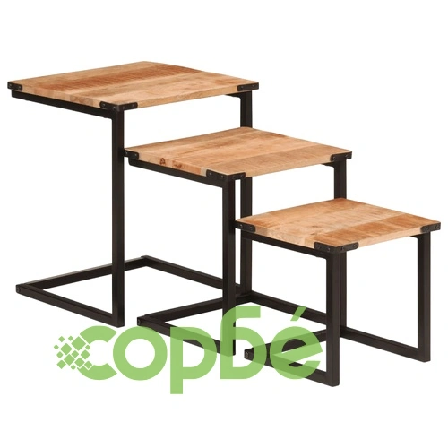 Стифиращи масички за кафе, 3 бр, мангово дърво масив и желязо ➤ топ цена ➤ sorbe.bg