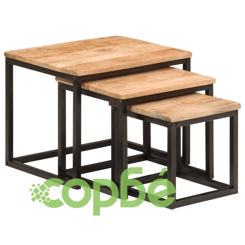 Стифиращи масички за кафе, 3 бр, мангово дърво масив и желязо ➤ топ цена ➤ sorbe.bg