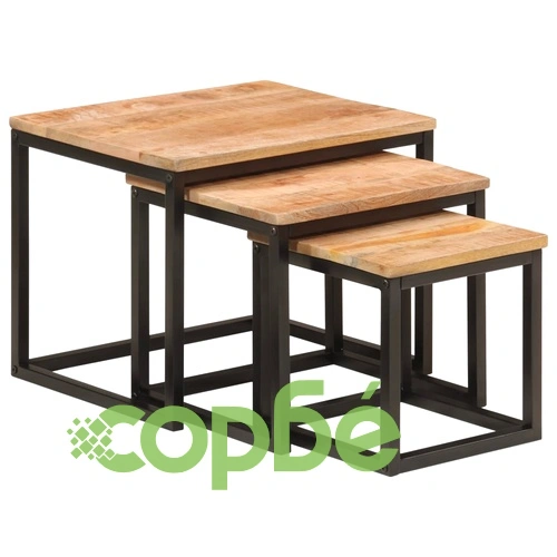 Стифиращи масички за кафе, 3 бр, мангово дърво масив и желязо ➤ топ цена ➤ sorbe.bg