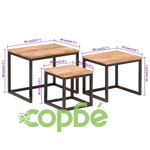 Стифиращи масички за кафе, 3 бр, мангово дърво масив и желязо ➤ топ цена ➤ sorbe.bg