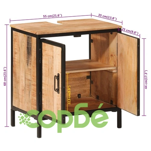 Шкаф за баня за мивка 55x35x60 см мангово дърво масив и желязо ➤ топ цена ➤ sorbe.bg