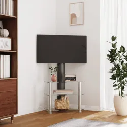 Ъглова ТВ поставка на 3 нива, за 32-70 инча, черно и сребристо
