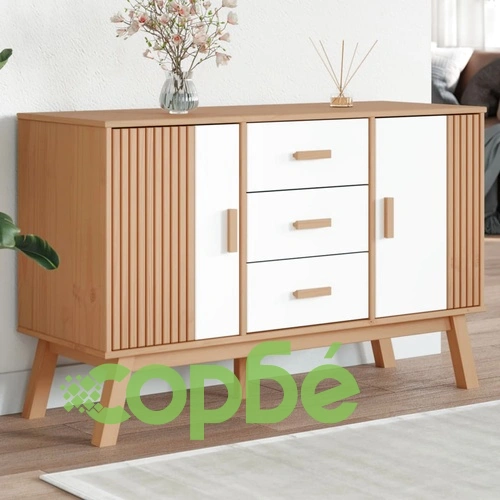 Сайдборд OLDEN, бяло и кафяво, 114x43x73,5 см, бор масив ➤ топ цена ➤ sorbe.bg