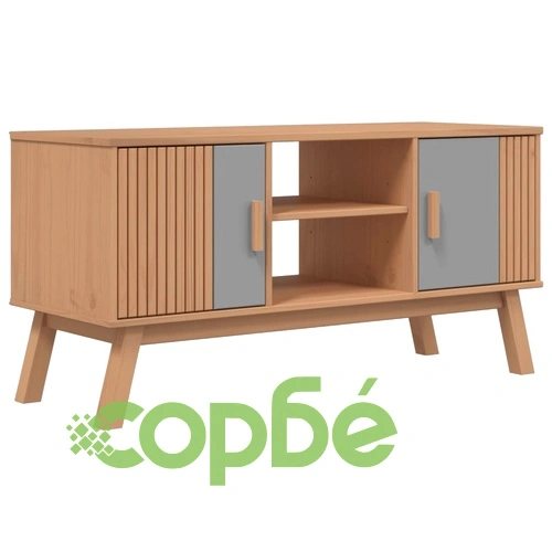 ТВ шкаф OLDEN, сив и кафяв, 114x43x57 см, борово дърво масив ➤ топ цена ➤ sorbe.bg