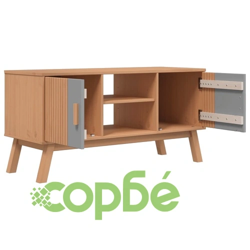 ТВ шкаф OLDEN, сив и кафяв, 114x43x57 см, борово дърво масив ➤ топ цена ➤ sorbe.bg