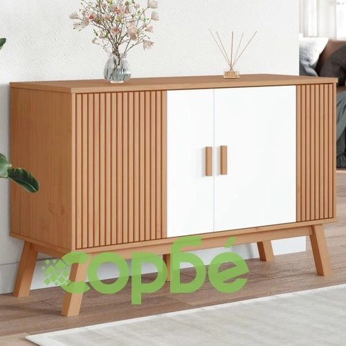 Сайдборд OLDEN, бяло и кафяво, 114x43x73,5 см, бор масив ➤ топ цена ➤ sorbe.bg