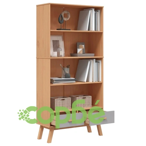 Библиотека с 4 рафта OLDEN, сива и кафява, борово дърво масив ➤ топ цена ➤ sorbe.bg