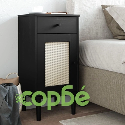 Нощно шкафче SENJA ратанова визия черно 40x35x80 см бор масив ➤ топ цена ➤ sorbe.bg