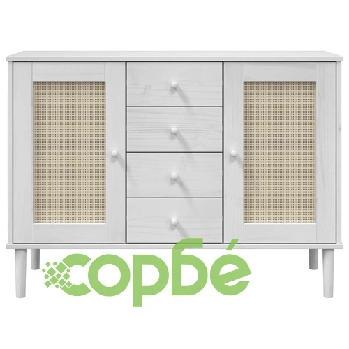 Сайдборд SENJA, ратанова визия, бял, 112x40x80 см, бор масив ➤ топ цена ➤ sorbe.bg