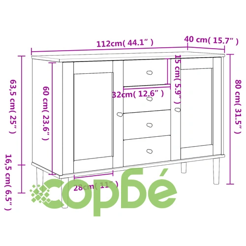 Сайдборд SENJA, ратанова визия, бял, 112x40x80 см, бор масив ➤ топ цена ➤ sorbe.bg