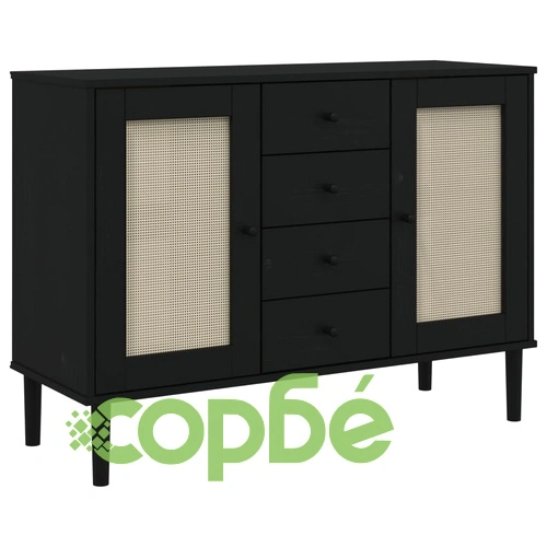 Сайдборд SENJA ратанова визия черен 112x40x80 см бор масив ➤ топ цена ➤ sorbe.bg