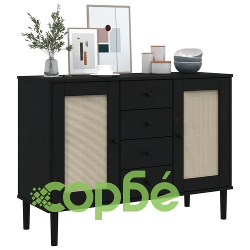 Сайдборд SENJA ратанова визия черен 112x40x80 см бор масив ➤ топ цена ➤ sorbe.bg