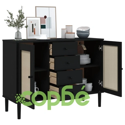 Сайдборд SENJA ратанова визия черен 112x40x80 см бор масив ➤ топ цена ➤ sorbe.bg