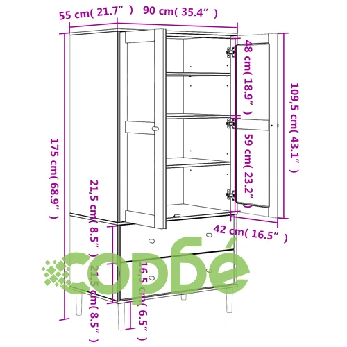Гардероб SENJA ратанова визия черен 90x55x175 см бор масив ➤ топ цена ➤ sorbe.bg