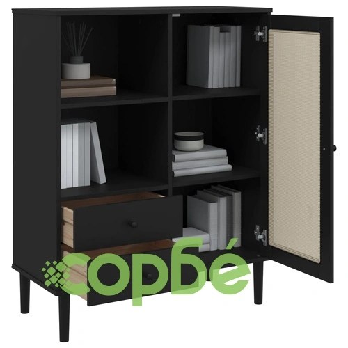 Бюфет SENJA, ратанова визия, черен, 90x40x112 см, бор масив ➤ топ цена ➤ sorbe.bg