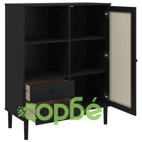 Бюфет SENJA, ратанова визия, черен, 90x40x112 см, бор масив ➤ топ цена ➤ sorbe.bg