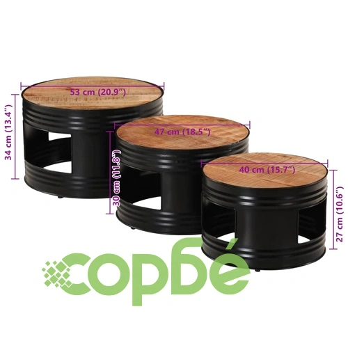 Бар маси с форма на барабан 3 бр масивно грубо мангово дърво ➤ топ цена ➤ sorbe.bg