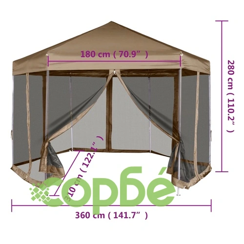 Шестоъгълна pop-up шатра със стени 3,6x3,1 м таупе 220 г/м² ➤ топ цена ➤ sorbe.bg