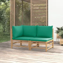 Градински лаундж комплект със зелени възглавници 2 части бамбук