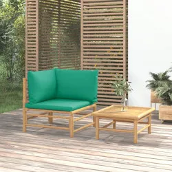 Градински лаундж комплект със зелени възглавници 2 части бамбук