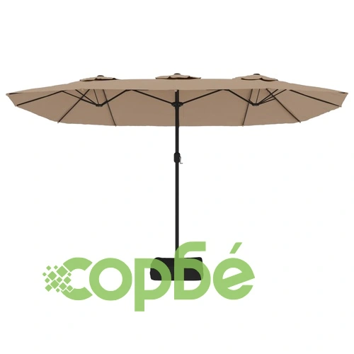 Градински чадър с двоен покрив и LED, таупе, 449x265 см ➤ топ цена ➤ sorbe.bg
