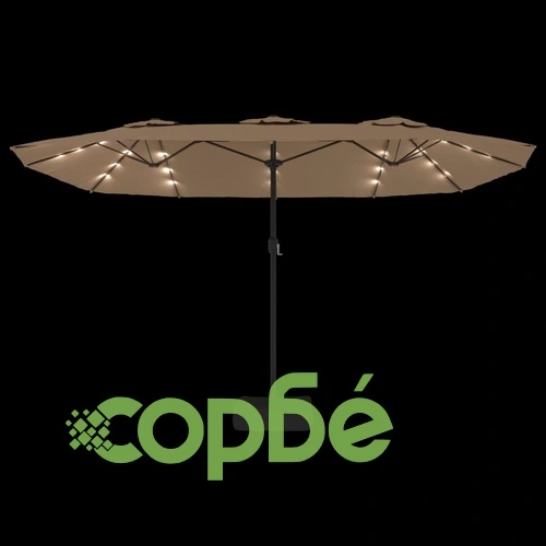 Градински чадър с двоен покрив и LED, таупе, 449x265 см ➤ топ цена ➤ sorbe.bg