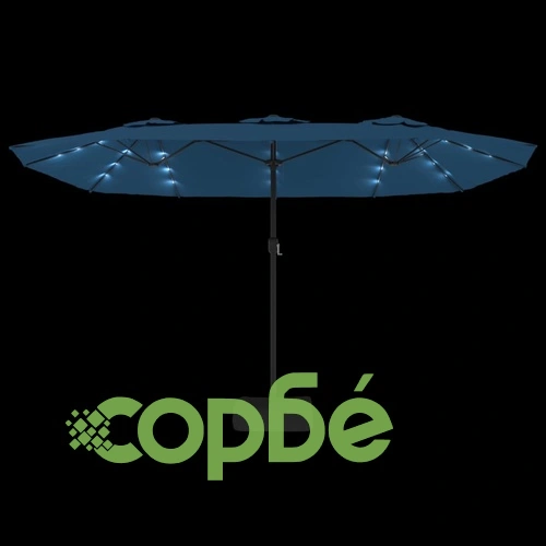 Градински чадър с двоен покрив и LED, лазурносин, 449x265 см ➤ топ цена ➤ sorbe.bg