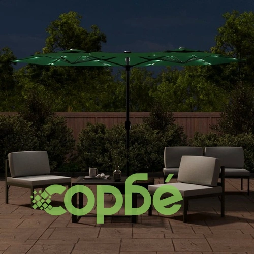 Градински чадър с двоен покрив и LED, зелен, 316x145 см ➤ топ цена ➤ sorbe.bg