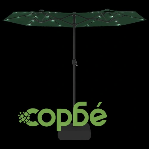 Градински чадър с двоен покрив и LED, зелен, 316x145 см ➤ топ цена ➤ sorbe.bg
