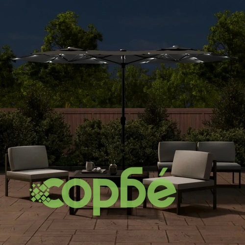 Градински чадър с двоен покрив и LED, антрацит, 316x145 см ➤ топ цена ➤ sorbe.bg