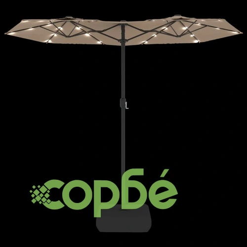 Градински чадър с двоен покрив и LED, таупе, 316x145 см ➤ топ цена ➤ sorbe.bg