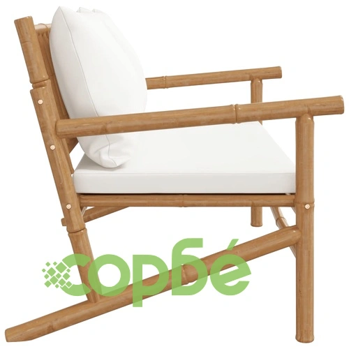 Градинска пейка с кремавобели възглавници, бамбук ➤ топ цена ➤ sorbe.bg