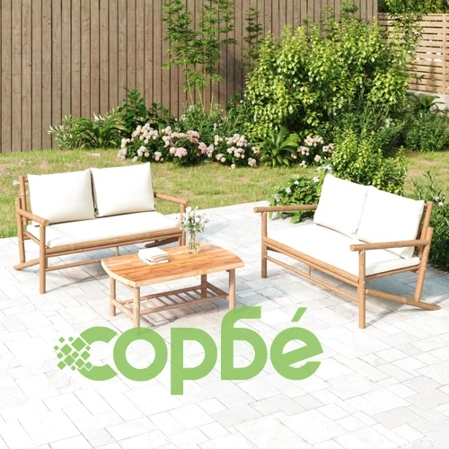 Градинска пейка с кремавобели възглавници, бамбук ➤ топ цена ➤ sorbe.bg