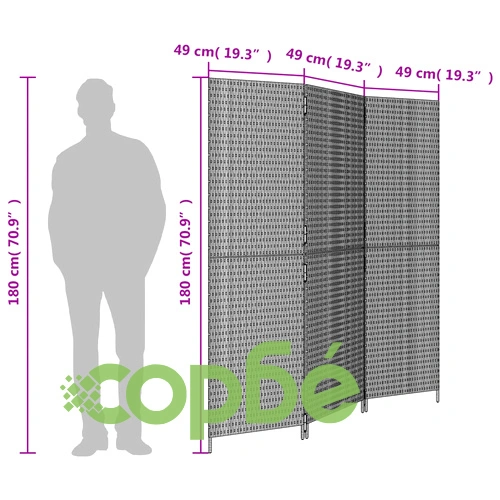 Параван за стая, 3 панела, черен, полиратан ➤ топ цена ➤ sorbe.bg