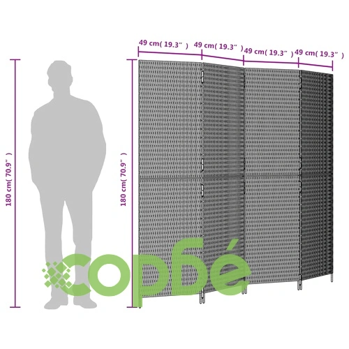 Параван за стая, 4 панела, сив, полиратан ➤ топ цена ➤ sorbe.bg