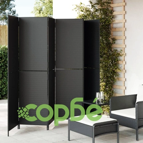 Параван за стая, 6 панела, черен, полиратан ➤ топ цена ➤ sorbe.bg